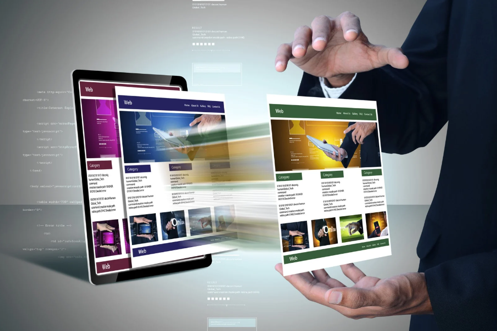 A person's hands holding a webpage bursting forth from an electronic tablet.